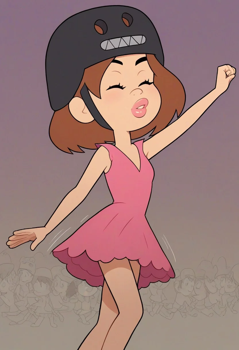 score_9, solo, handlebarb, brown hair, short hair, without helmet, dancing on a disco, party lights, dynamic view, princess dress, wearing a dress, make up, full lips, Expressive, twerking