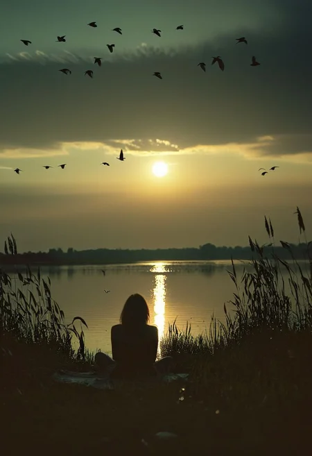 carcosa city style, A beautiful Lake, a Woman sitting in high Grass, infront of the atmospheric sunrise, a Flock of birds, crepuscular rays, volumetric lighting, ultra detailed, deep Blacks, very detailed, atmospheric haze, Film grain, cinematic film still, shallow depth of field, highly detailed, high budget, cinemascope, moody, epic, OverallDetail, 2000s vintage RAW photo, photorealistic, candid camera, color graded cinematic, eye catchlights, atmospheric lighting, imperfections, natural, shallow dof