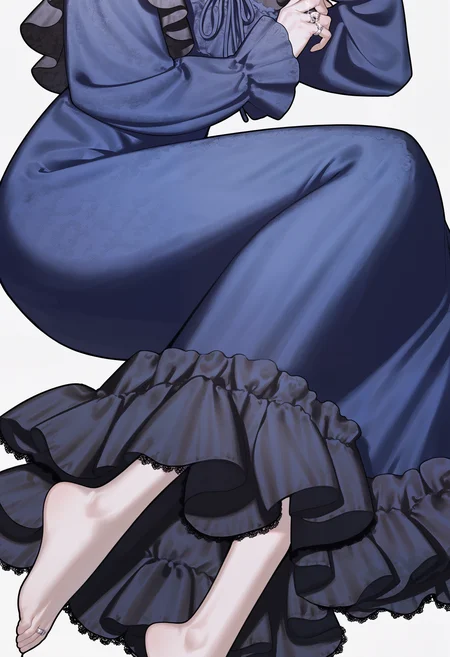 amazing quality, newest, absurdres, realistic lighting, white background, 1girl, solo, head out of frame, lower body, barefoot, lying, on side, long dress, very long sleeves, dark blue dress, frilled dress, blue frills, lace-trimmed dress, blue drawstring, loose dress, ring, <lora:nanako-san>