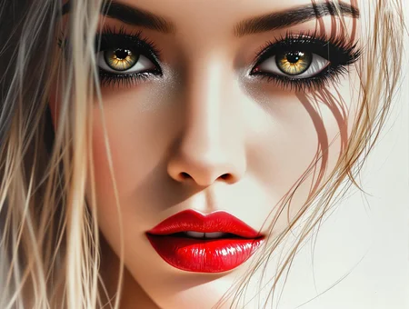 magnificent, photorealistic ink art image in the style of a movie poster, crisp lines, an extreme closeup image of the eyes of a stunning oriental young woman, blonde loose hair, red lips, dark eyeshadow