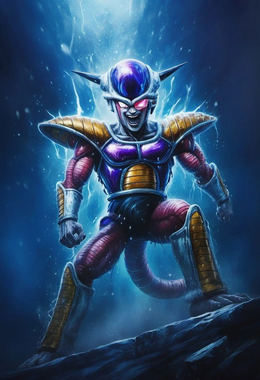 (best quality, masterpiece, detailed, highly detailed face) of a haunting scene with Freezer Armor Smile in a battle . Emphasize atmosphere, high contrast, and interplay of shadow and light, colorful