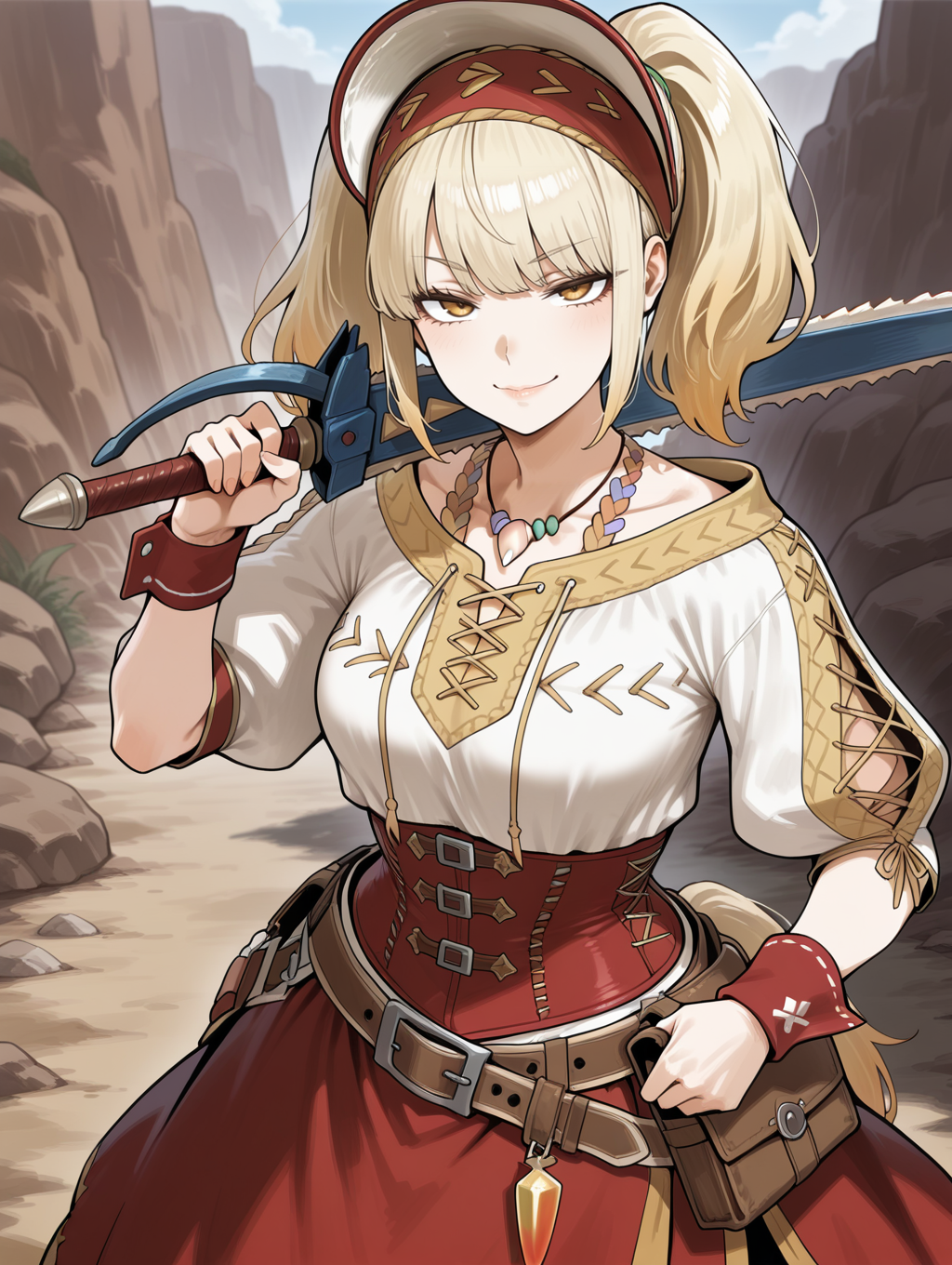 1girl,solo,monster hunter \(series\),lips,ponytail,blonde hair,twintails,red headdress,red necklace,red cross-laced clothes,red corset,red wrist cuffs,brown belt,red long skirt,outdoors,holding sword,looking at viewer,fighting stance,smug,
masterpiece,best quality,amazing quality,very aesthetic,absurdres,newest,<lora:Felicita & Clerk Suit Armor illuXL v1:0.75>,