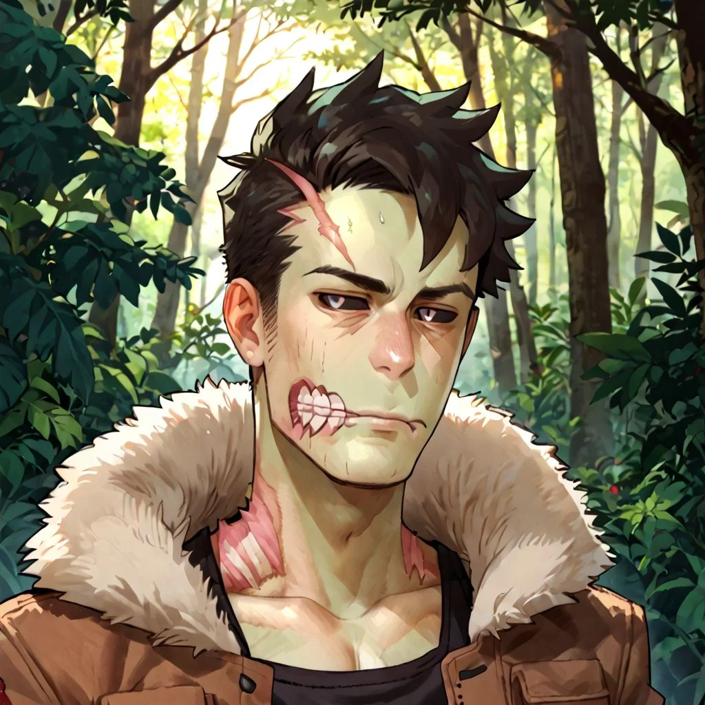 BrianYu, (Zombie), Male, black shirt, open jacket, green Parka, black pants, brown boots, green skin,  score_9, score_8_up, score_7_up,  source_anime, forest, upper body, front view, bored, black sclera, scar on temple,