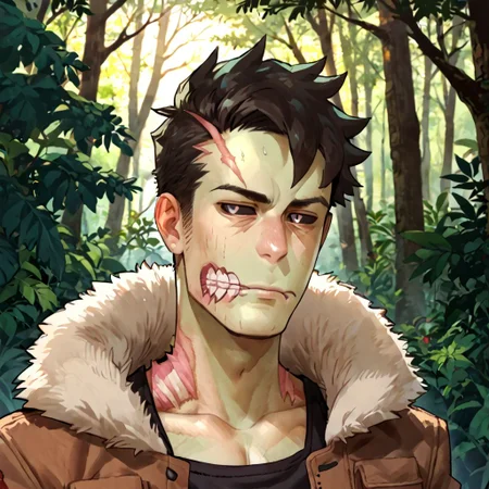 BrianYu, (Zombie), Male, black shirt, open jacket, green Parka, black pants, brown boots, green skin, score_9, score_8_up, score_7_up, source_anime, forest, upper body, front view, bored, black sclera, scar on temple,