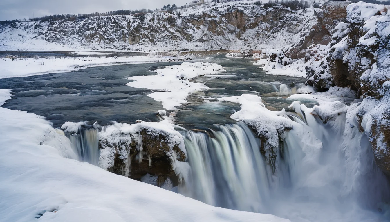 Winter Waterfall,water,no humans,scenery,outdoors,sky,nature,day,masterpiece,best quality,<lora:Winter Waterfall:1>,