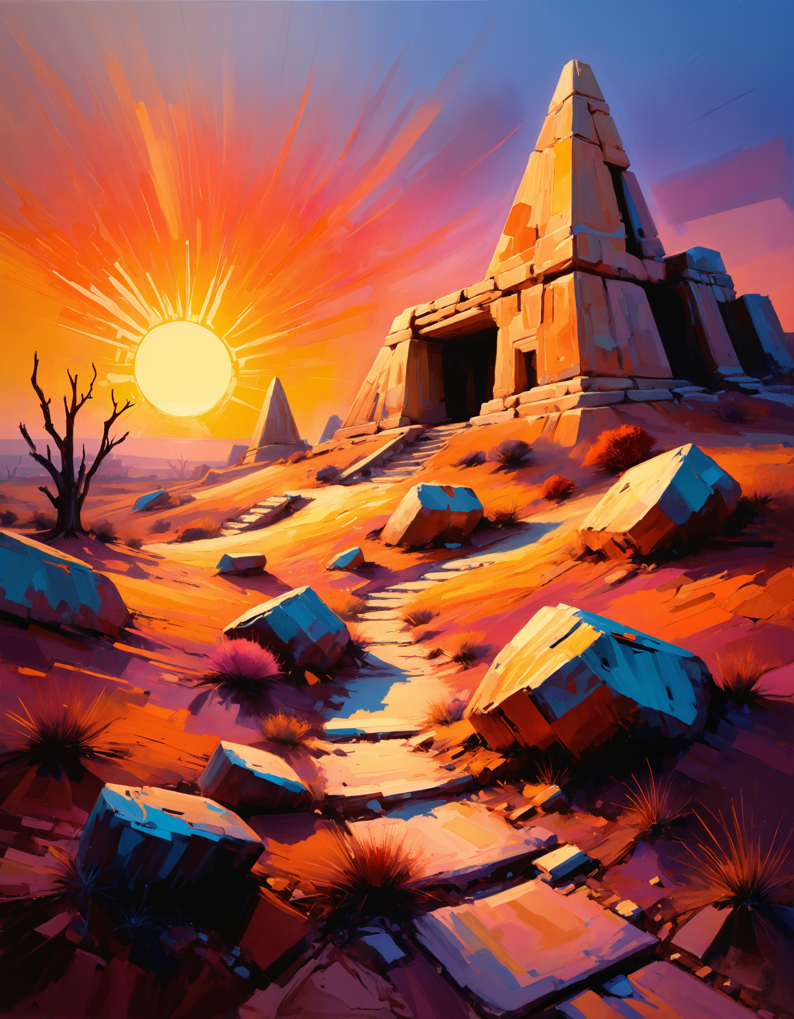 zavy-rghpnt, landscape of a 1970'S Stellar Archeological Site, at Sunrise, Queencore, short lighting, F/5, romantic, luxurious sharp focus, highly color focused, original, magnificent, ambient, exquisite color, complimentary colors, ambient background
