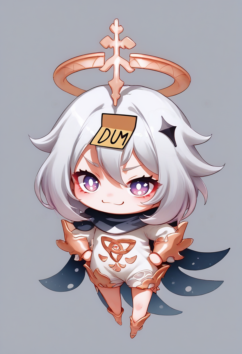 (score_9, score_8_up), (source_cartoon), masterpiece, 1girl, solo, vibrant colors, shortstack,simple background,
smug Paimon_(Genshin_Impact), purple_eyes, white_pupils, white_hair, medium_hair, hair_between_eyes, flat_chest, halo, hair_ornament, single_thighhigh, black_cape, gold_trim, white_dress, black_scarf, flying,  dumstickyNote, sticker, chibi hands on hips, floating, flying, symbol shaped pupis
((Wide-Angle Shot Full-Body Shot)), angle view,
<lora:Beautiful_CAT_Pony:0.4>, <lora:1r3gl1XLP:0.8>, <lora:Helluva Cartoon Style Pony V1:0.6>, geo_(yukishitadou) (anime) <lora:Pony_DetailV2.0:1> <lora:Pony_DetailV1.0:1> <lora:Expressive_H:0.8> expressiveh <lora:DumStickyNote_XLPD:1.3> <lora:Paimon_Pony:0.8>