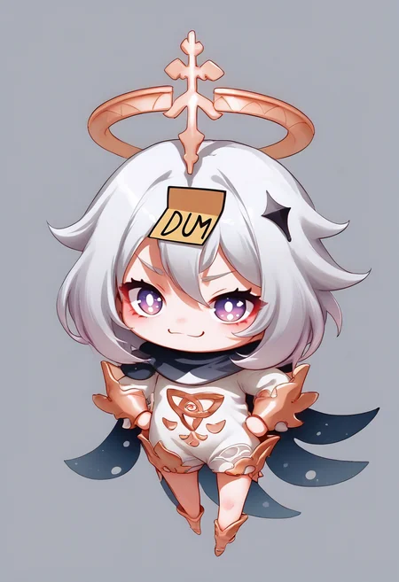 (score_9, score_8_up), (source_cartoon), masterpiece, 1girl, solo, vibrant colors, shortstack,simple background,
smug Paimon_(Genshin_Impact), purple_eyes, white_pupils, white_hair, medium_hair, hair_between_eyes, flat_chest, halo, hair_ornament, single_thighhigh, black_cape, gold_trim, white_dress, black_scarf, flying,  dumstickyNote, sticker, chibi hands on hips, floating, flying, symbol shaped pupis
((Wide-Angle Shot Full-Body Shot)), angle view,
<lora:Beautiful_CAT_Pony:0.4>, <lora:1r3gl1XLP:0.8>, <lora:Helluva Cartoon Style Pony V1:0.6>, geo_(yukishitadou) (anime) <lora:Pony_DetailV2.0:1> <lora:Pony_DetailV1.0:1> <lora:Expressive_H:0.8> expressiveh <lora:DumStickyNote_XLPD:1.3> <lora:Paimon_Pony:0.8>