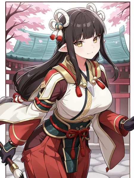 minoto,1girl,solo,looking at viewer,sidelocks,calligraphy brush,holding calligraphy brush,red eyeliner,closed mouth,smile,large breasts,double hair ornament,white kimono,red sleeves,black gloves,red hakama skirt,white border,cherry blossoms, east asian architecture,
masterpiece,best quality,amazing quality,very aesthetic,absurdres,newest,<lora:Minoto and Hinoa illuXL v1.1:0.75>,