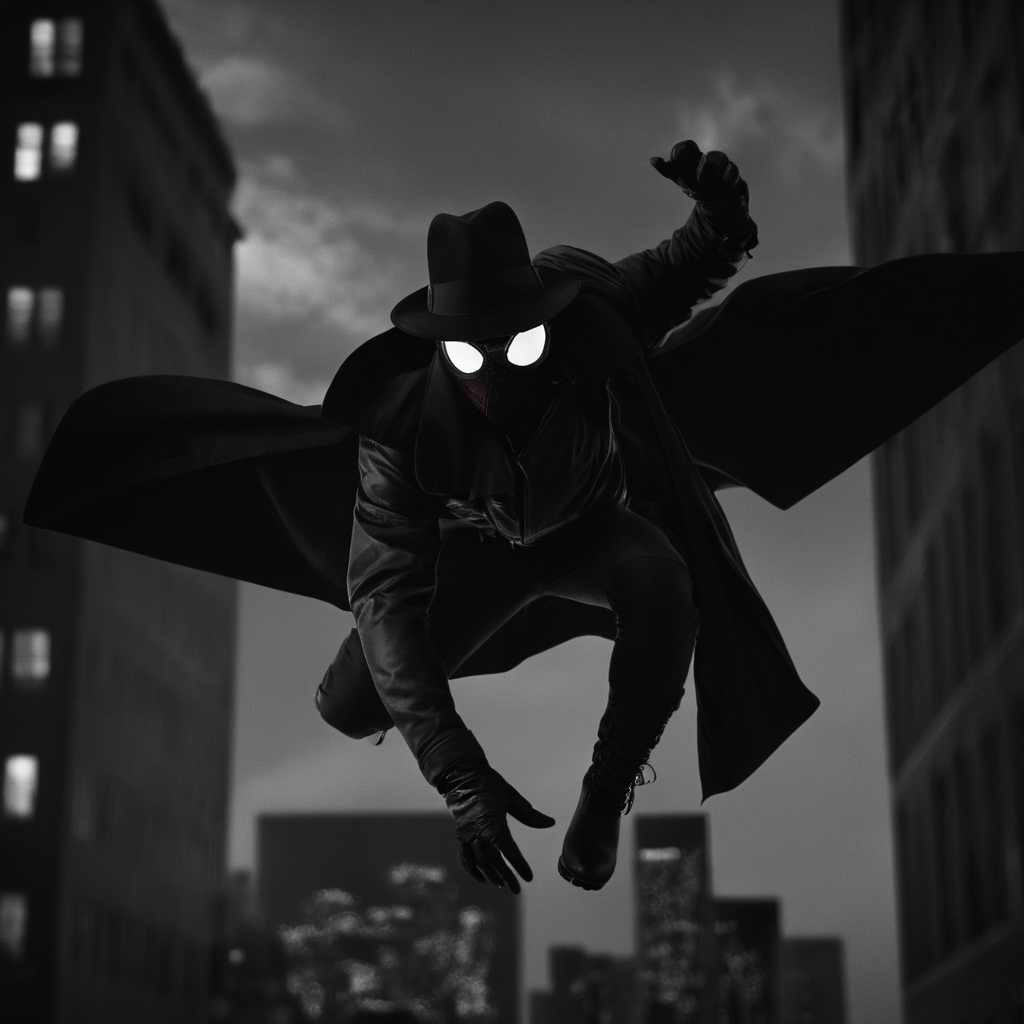 cinematic film still of  <lora:Spider-Man Noir:1>
Spider-Man Noir a man in a trench coat is flying over a city in Marvel Noir universe,solo,gloves,1boy,hat,monochrome,greyscale,male focus,pants,coat,mask,night,moon,building,full moon,city,mouth mask,fedora,trench coat , dark theme, cinematic noir, dramatic Light, shallow depth of field, vignette, highly detailed, high budget, bokeh, cinemascope, moody, epic, gorgeous, film grain, grainy