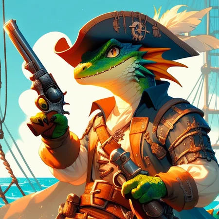 score_9, score_8_up, score_7_up, lizardfolk pirate, holding a pistol, digital art