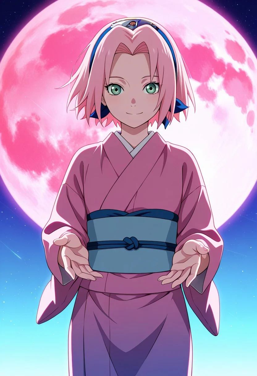Score_9_up, score_8_up, score_7_up, source_anime, Expressiveh, perfect eyes, 1girl, solo, haruno sakura, pink hair, short hair, green eyes, slim body,Small breasts,
pink kimono,smiling,pink moon, looking at the viewer,hands behind,blushing,outstretched arms,
score_9, score_8_up, score_7_up, score_6_up, score_5_up, score_4_up, masterpiece, 4K, quad HD, best quality, high quality, highres, stunning details, highly detailed, ultra detailed, extreme detail, perfect composition, very aesthetic, sharp focus, crisp details, vivid colors, soft lighting, cinematic lighting, dynamic lighting, volumetric lighting, sharp contrast, smooth shading, intricate details, cinematic color grading, clear details, harmonious composition, vibrant colors, ambient lighting, anime-style illustration, vibrant and expressive, ultra-detailed, high-resolution, smooth shading, cel shading, vivid anime colors, best quality, intricate details, elegant pose, cinematic lighting, dynamic composition, anime fantasy background, soft glow, dreamy atmosphere, stunning character design, expressive eyes, 4K HD, anime artstation trending,, ansrd