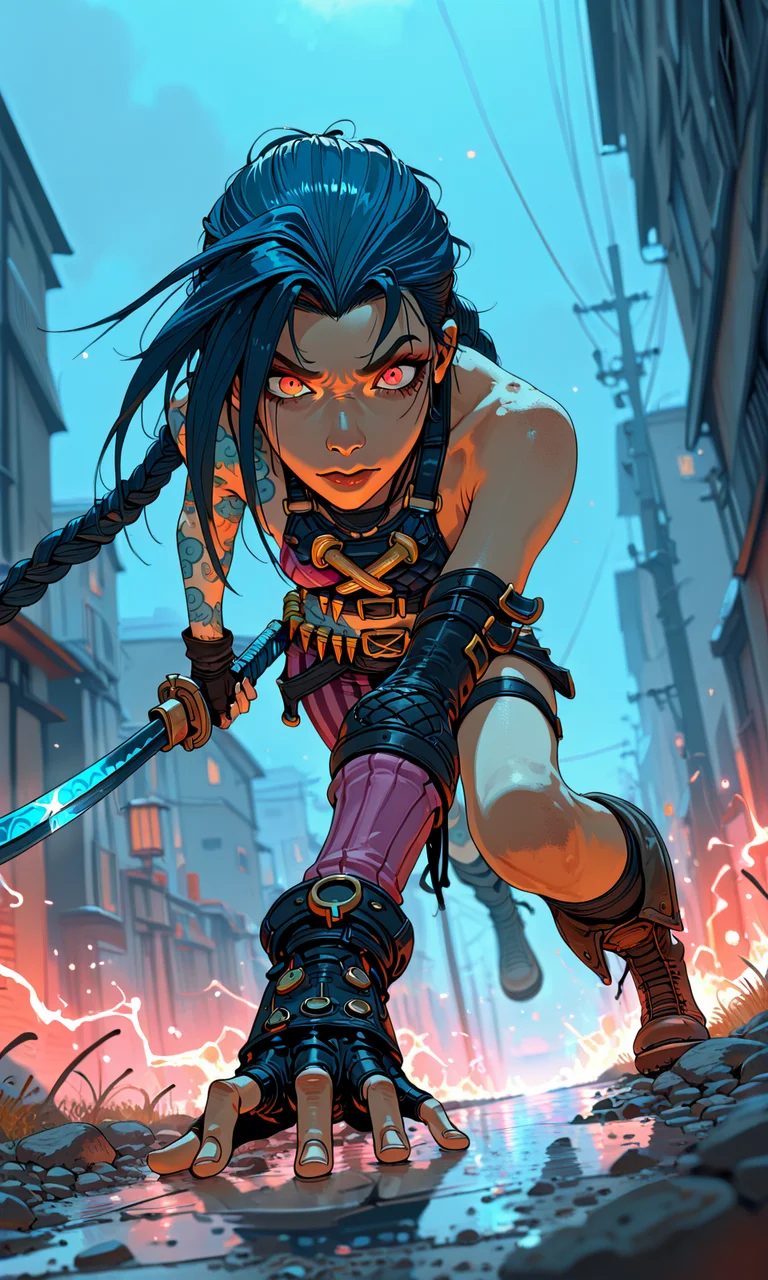 embedding:IllusP0s, s0larpunk, holding katana, jinx_\(league of legends\), 1girl, solo, high angle, sword pose, iaido, dynamic pose, night, outdoors, combat stance, angle view, looking at viewer,<lora:s0larpunk.safetensors:1.0:1.0>