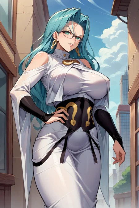 score_9, score_8_up, score_7_up, score_6_up, source_anime, BREAK 1girl, mature female, <lora:psykos-pdxl-nvwls-v1-000005:1> psykos, cyan hair, wavy hair, very long hair, glasses, earrings, white dress, brooch, underbust, long dress, bridal gauntlets, large breasts, city, blue sky, glare, looking at you, whole body, hand on hip