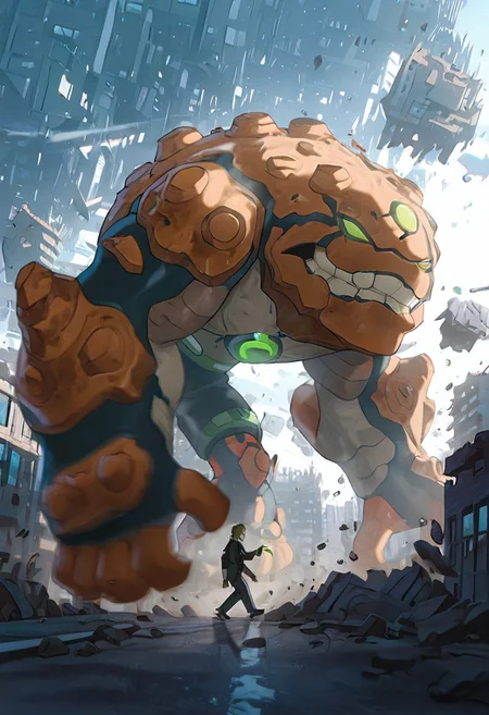 masterpiece, best quality, amazing quality, very aesthetic, absurdres, newest,, detailed background, 
 movie scene, cinematic scene, cinematic, 
gravitack, crooked teeth, 1boy, armor, monster, green eyes, solo, massive arms, big hands,
giant, walking through city, side view, foreground blur, depth of blur, destroyed city,