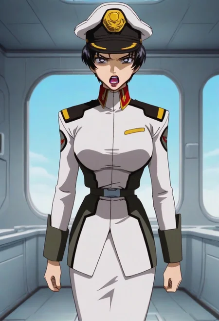 score_9, score_8_up, score_7_up, zPDXL3, Expressiveh, source: anime, anime screencap, anime coloring, natarle, 1girl, solo, blue sky, purple eyes,black hair,short hair, purple lips, perfect face, detailed face, perfect lips, ultra-detailed eyes, detailed hair, (perfect anatomy, perfect proportions), large breasts, ultra-narrow waist, ultra-fit figure, ultra-flared hips, shapely legs, peaked cap, military uniform, skirt, pantyhose, boot, indoors, detailed backgrounds, science fiction, naval ship interior, opened hatch door, narrow corridors, walking, angry, open mouth, angry posture, motion lines, furious eyes, looking forward