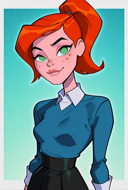 ((cartoon, screencap,)) <lora:ovgwen-10:1> ovgwen, green eyes, orange hair, 1girl, ponytail, freckles, blue shirt, white collar, lips, black skirt, long sleeves, white cuffs,, looking at viewer, smile, blue background, aesthetic, good quality,, upper body, halftone effect, white borders, abstract background:1.2,