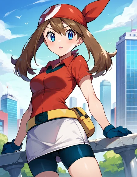 score_9, score_8_up, score_7_up, source_anime,
pokemonmay, <lora:pokemon-may-ponyxl-lora-nochekaiser:1>
pokemonmay, blue eyes, brown hair, bandana, long hair, red bandana, twintails, hair between eyes,
bike shorts, collared shirt, gloves, microskirt, multicolored shirt, pencil skirt, red shirt, shirt, short sleeves, skirt, white skirt,
outdoors, cityscape,
looking at viewer, cowboy shot, dutch angle,