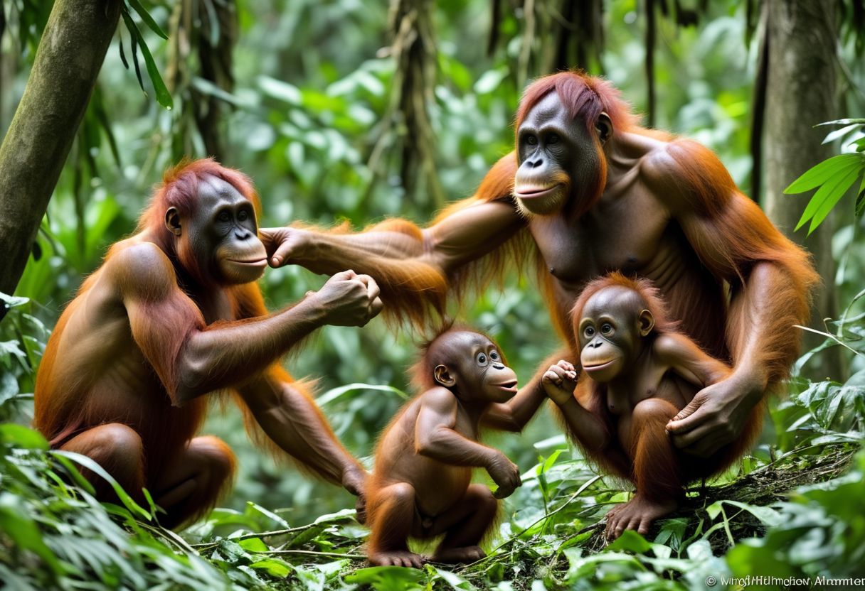 artrngtn, sumatran orangutan  youngsters playing in the jungle with mommma watching