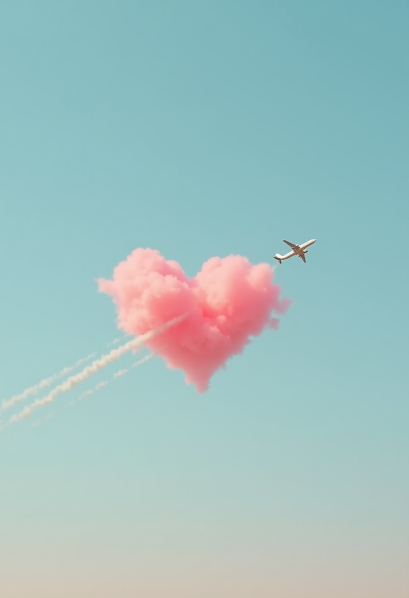 Overall Impression:

The image portrays a minimalist, serene scene with a focus on a single, striking element against a simple backdrop. The color palette and composition evoke a sense of tranquility and openness.

Color Scheme:

Dominant Colors: The primary colors are a soft, pastel blue for the sky and a vibrant, pinkish-red for the cloud.
Contrast: The contrast between the cool blue and warm pink creates visual interest and draws attention to the cloud.
Composition:

Simplicity: The image is composed of only two main elements: the cloud and the small white plane. This simplicity emphasizes the cloud as the focal point. A small, white airplane is crossing from the bottom left to the top right corner through the heart shaped cloud leaving a white contrail, contrail goes through the heart shaped cloud across from bottom left to upper right corner. This adds a sense of movement and scale to the image.
Horizon: The horizon line is not visible, further emphasizing the vastness of the sky.

Negative Space: The vast expanse of blue sky surrounding the cloud creates a sense of openness and freedom.

Asymmetry: The cloud is not centered in the frame, adding a touch of dynamism to the composition.
Cloud Details:

Shape: The cloud is shaped like a heart, adding a touch of whimsy and emotion to the image.
Color: The pink hue of the cloud suggests warmth and positivity.
Texture: The cloud appears soft and fluffy, with subtle variations in color and texture.

Additional Details:

Overall Interpretation:

The image evokes a feeling of calm and introspection. The simple composition, soft colors, and symbolic elements create a serene and thought-provoking scene.