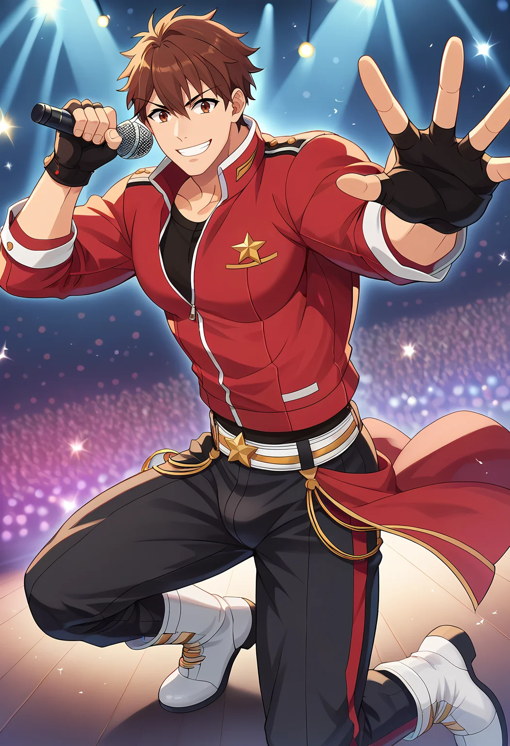 <lora:V2 CartoonyMen:1>, <lora:Chiaki_Morisawa:0.5@0,0.8@0.6>, score_9, score_8_up, score_7_up, 1boy, solo, male focus, holding microphone, dutch_angle, dynamic pose, masculine, (Cartoony), brown hair, brown eyes, chiaki, gloves, fingerless gloves, black gloves, boots, pants, jacket, red jacket, black pants, belt, white footwear, ryuseitai uniform, bulge, plump pecs, male breasts, perfect proportions, perfect anatomy, smile, manly, handsome, macho, hunk, masculine, anime, BREAK
detailed background, concert, lights, dramatic lighting, crowd, stage