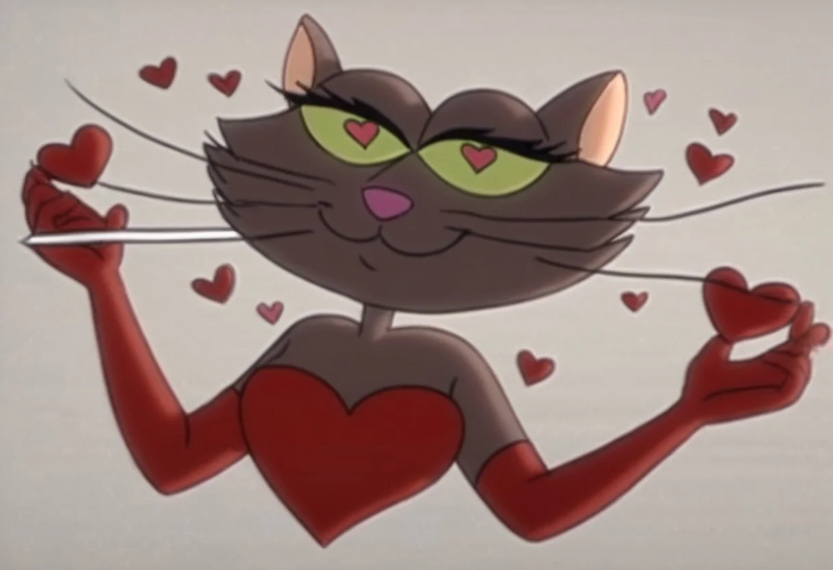 heart floating, heart-shaped pupils, aroused, heart eyes, cupid arrow, Valentine's day themed, heart-shaped eyes, Looking at the viewer, yellow sclera, hairy female, cat, anthropomorphic cat, brown fur, red dress, hands up, green eyes, full body, whiskers, smile, hand on hip, upper body,