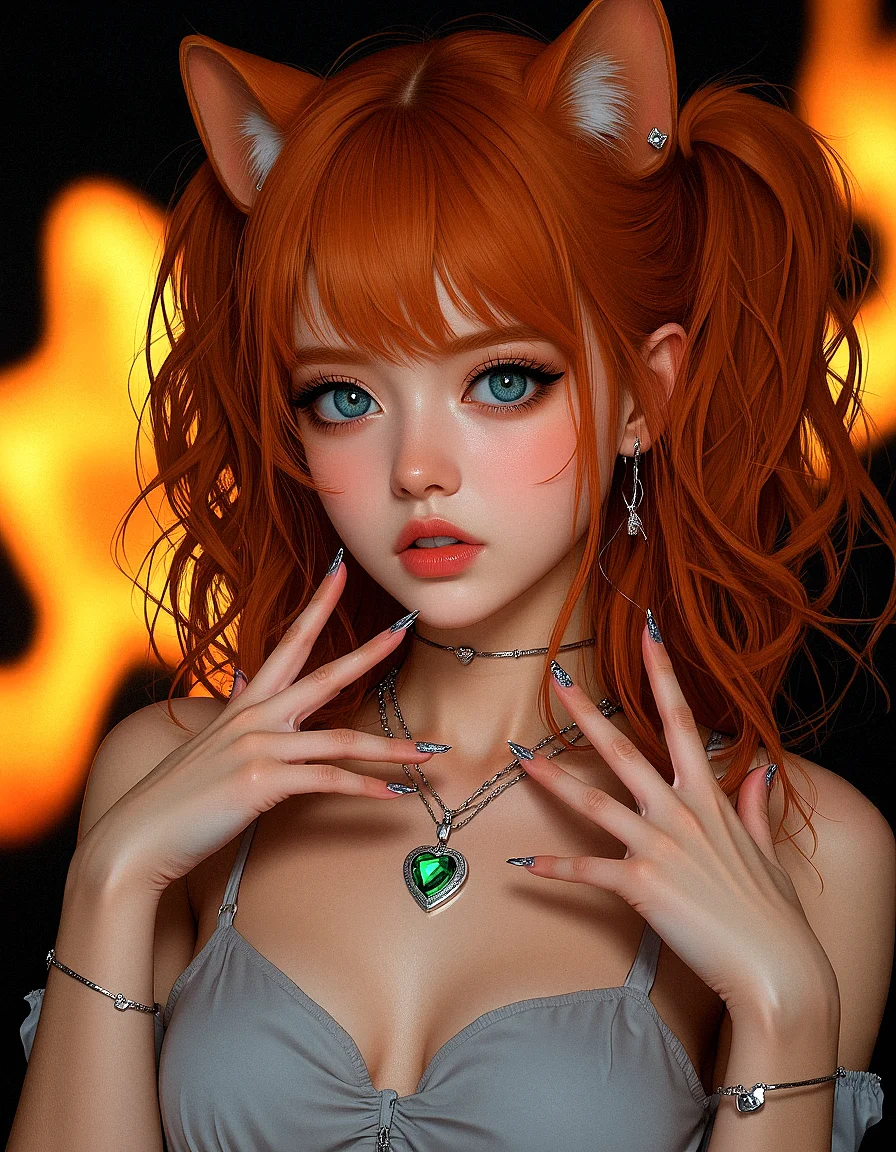 An upper body image of a beautiful young lady with curly orange hair, hair over one eye, aqua eyes, and bold eyeliner. She has thick eyebrows and long eyelashes, long fingernails, and her lips are shiny and full. She wears an amulet heart, rimless eyewear, and a helix piercing. The extreme realism focuses on her detailed skin, showing fine textures and natural highlights.
The background is Bright, glowing ember shapes against a dark background, with soft glows.
Her outfit are Fitted pencil skirt with a silk blouse
Subtle skin pores and natural texture on the face and neck, Realistic light reflections on the surface of the eyes, Slightly raised veins visible under the skin on the neck, Subtle veins visible on the eyelids under certain lighting, Realistic reflection of light on the glossy lips, following their curvature, Soft reflections on the necklace, enhancing its metallic look
Both hands forming cat paws, with her mouth open like she’s hissing playfully