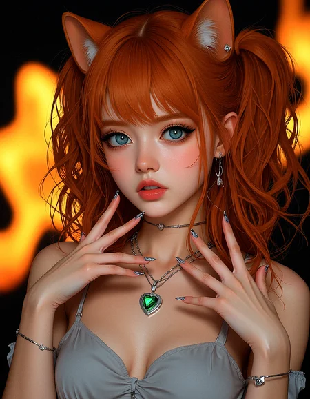 An upper body image of a beautiful young lady with curly orange hair, hair over one eye, aqua eyes, and bold eyeliner. She has thick eyebrows and long eyelashes, long fingernails, and her lips are shiny and full. She wears an amulet heart, rimless eyewear, and a helix piercing. The extreme realism focuses on her detailed skin, showing fine textures and natural highlights.
The background is Bright, glowing ember shapes against a dark background, with soft glows.
Her outfit are Fitted pencil skirt with a silk blouse
Subtle skin pores and natural texture on the face and neck, Realistic light reflections on the surface of the eyes, Slightly raised veins visible under the skin on the neck, Subtle veins visible on the eyelids under certain lighting, Realistic reflection of light on the glossy lips, following their curvature, Soft reflections on the necklace, enhancing its metallic look
Both hands forming cat paws, with her mouth open like she’s hissing playfully
