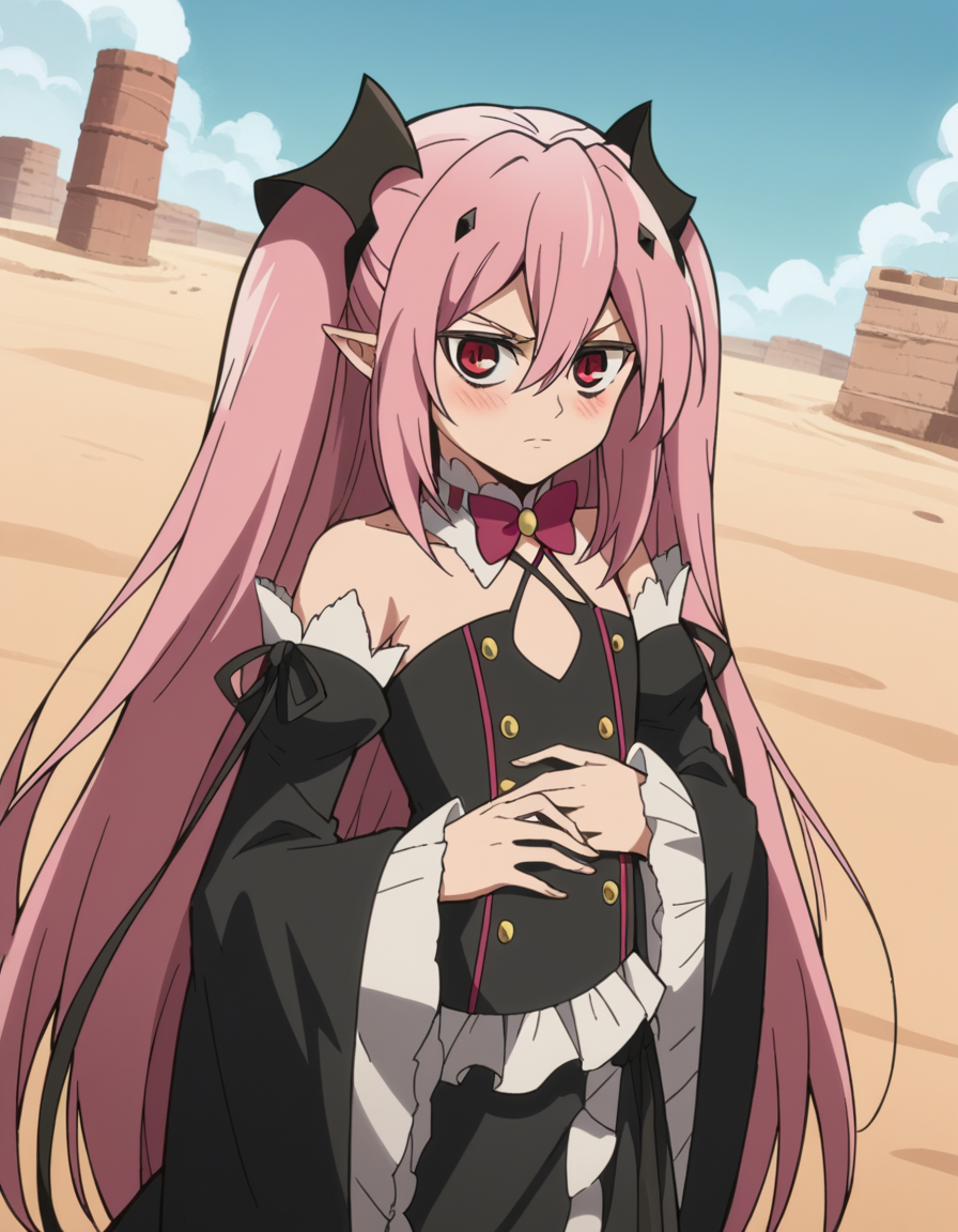 score_9, score_8_up, score_7_up, source_anime, <lora:krul-tepes-s2-ponyxl-lora-nochekaiser:1>, krul tepes, long hair, red eyes, pink hair, pointy ears, hair ornament, anime screencap, dress, bare shoulders, detached sleeves, wide sleeves, detached collar, black dress, bowtie,, desert, sand, dunes, cacti, heat, , hand on stomach, blush,, looking at viewer, solo,, dutch angle, cowboy shot