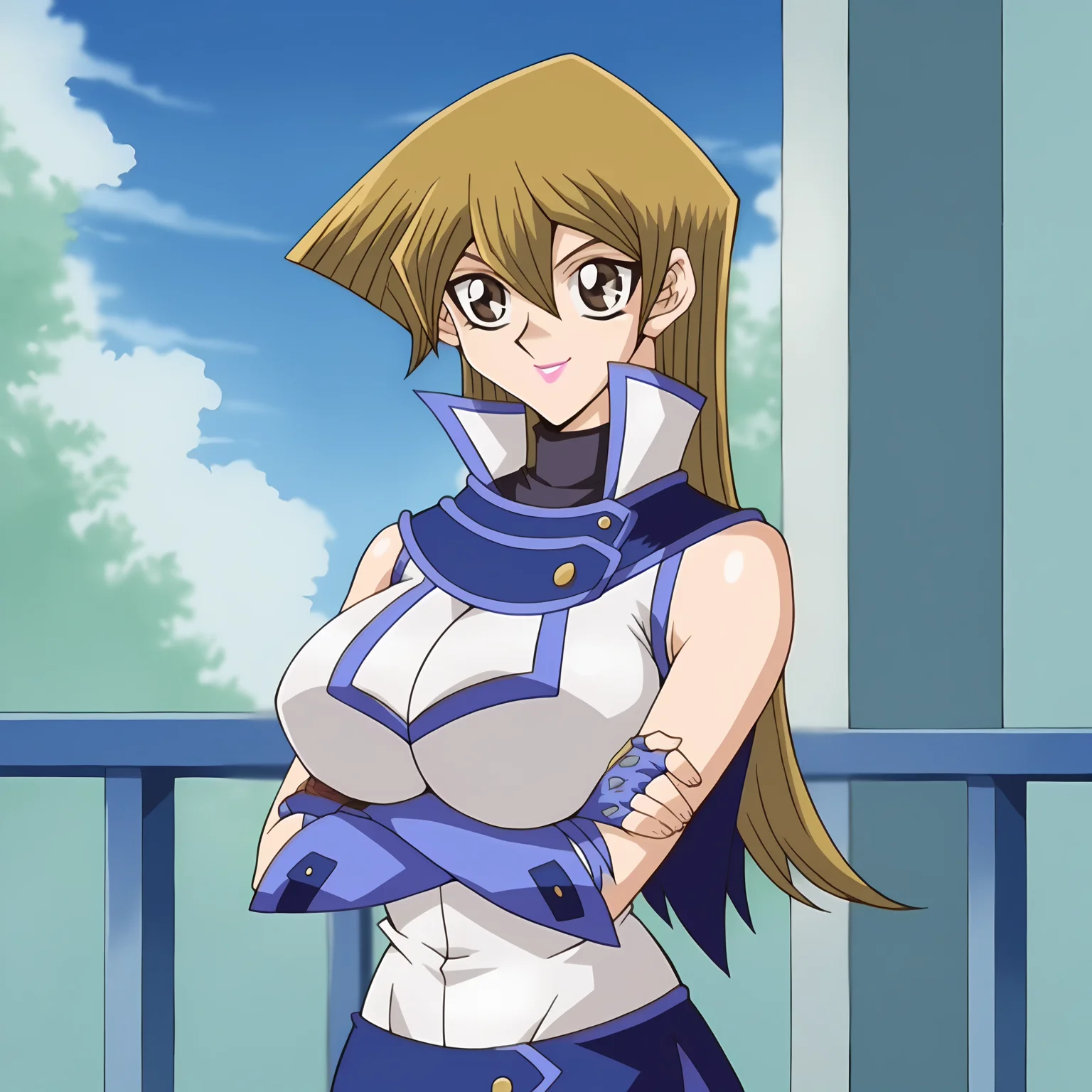 score_9, score_8, score_7, source_anime, uncensored, break, masterpiece, best quality, <lora:Asuka_Tenjoin:1>, 1girl, solo, blonde hair, brown eyes, hair between eyes, long hair, huge breasts, pink lipstick, smile, cute anime eyes, duel academy uniform \(yu-gi-oh! gx\), hair between eyes, long hair, looking at viewer, shiny, shiny hair, sky, sleeveless, sleeveless shirt, turtleneck, blue skirt, gloves, fingerless gloves, crossed arms