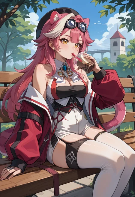 score_9, score_8_up, source_anime, 1girl, solo, RaoraPanthera, cat ears, streaked hair, long hair, black hat, goggles on head, detached collar, brooch, white shirt, sleeveless shirt, red jacket, cleavage, black corset, white shorts, high-waist shorts, fingerless gloves, single glove, garter straps, white thighhighs, cat tail, outdoors, sitting, on bench, drinking, sipping, straw, bubble tea, <lora:ChamRaoraPantheraPonyXL:1>