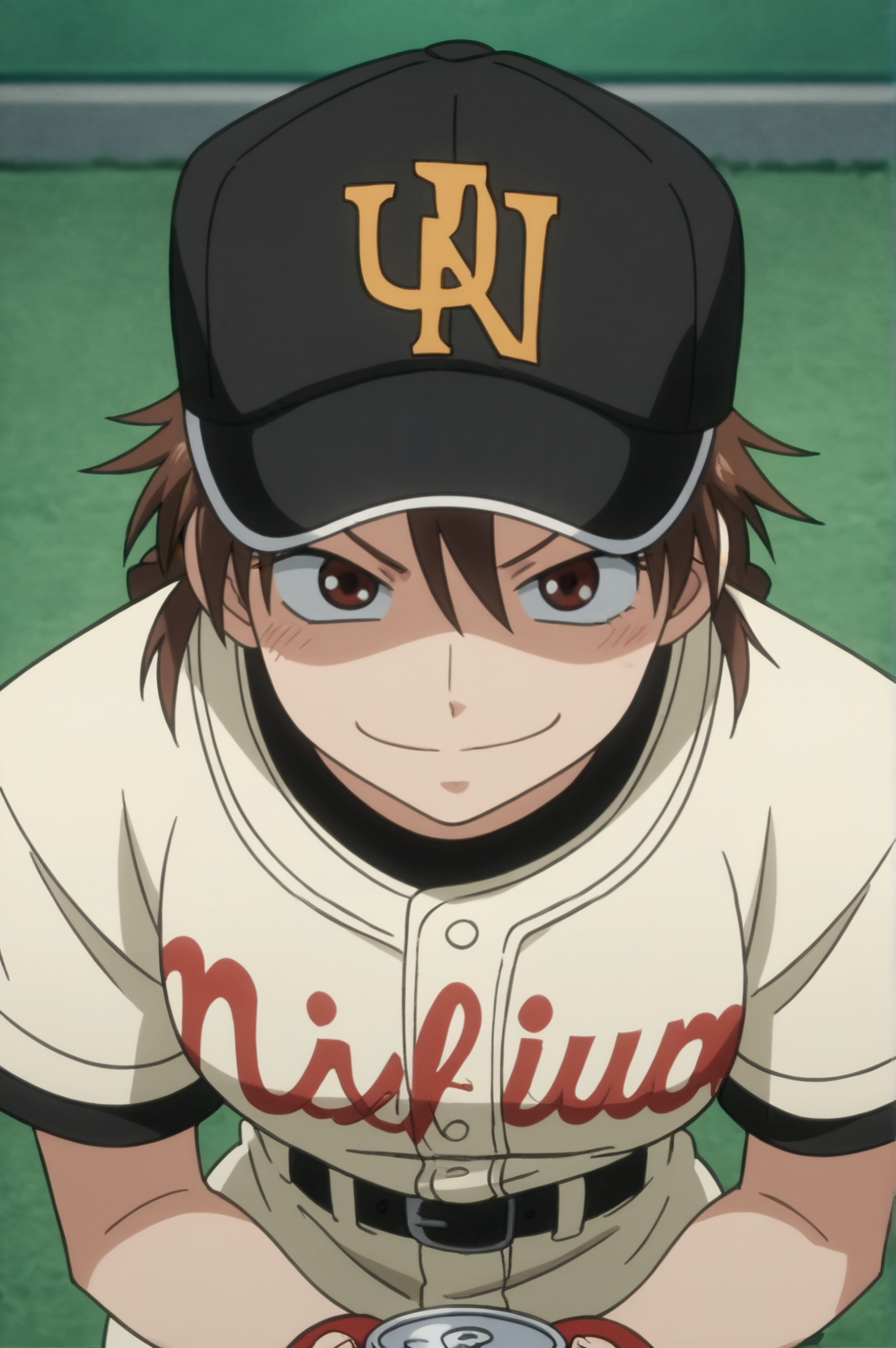 score_9, score_8_up, score_7_up,anime_source, source_anime, best background, detailed background, anime screencap,  Maria Momoe, Baseball Outfit, smug, dynamic camera, dynamic angle, hat, indoors, can, drinking, handle can,  indoors, <lora:JN_Maria_Momoe:0.8>