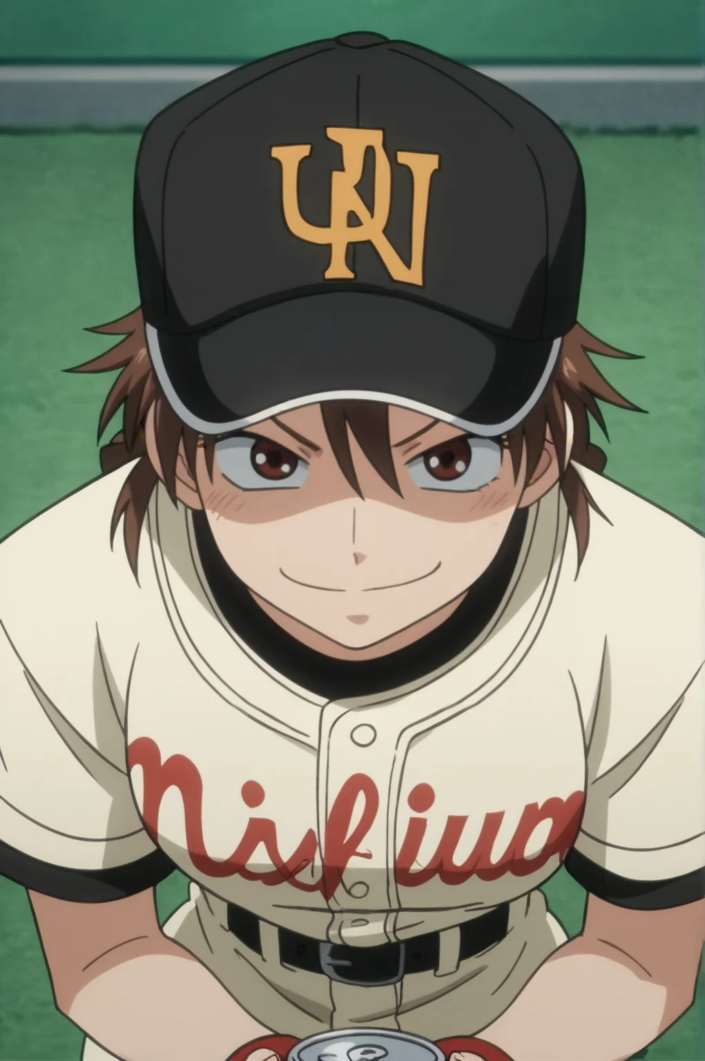 score_9, score_8_up, score_7_up,anime_source, source_anime, best background, detailed background, anime screencap, Maria Momoe, Baseball Outfit, smug, dynamic camera, dynamic angle, hat, indoors, can, drinking, handle can, indoors, <lora:JN_Maria_Momoe:0.8>