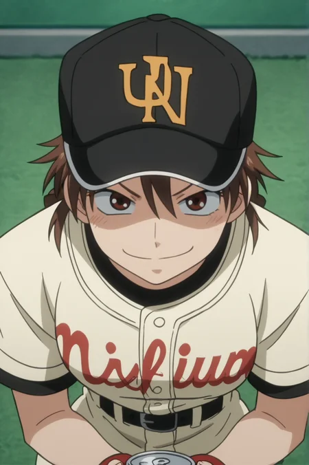 score_9, score_8_up, score_7_up,anime_source, source_anime, best background, detailed background, anime screencap,  Maria Momoe, Baseball Outfit, smug, dynamic camera, dynamic angle, hat, indoors, can, drinking, handle can,  indoors, <lora:JN_Maria_Momoe:0.8>