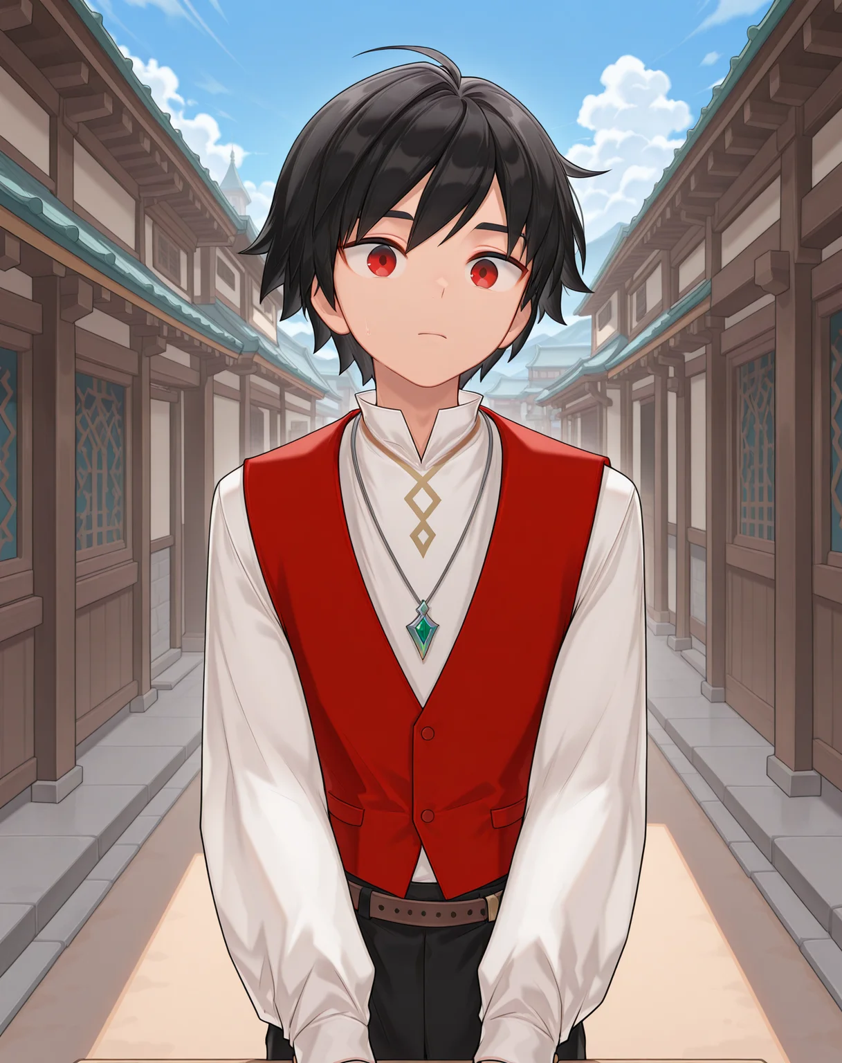 masterpiece, amazing quality, best quality, absurdres, very aesthetic,
1boy, solo, yaoi, male focus, cowboy shot, upper body, looking at viewer, face focus,
<lora:Solace_Teenage_ilxl:1> solaceteen, red eyes, black hair, short hair,
long sleeves, black pants, white shirt, brown belt, red vest,
jewelry, necklace, pendant, gem,
outdoors, day, blue sky,