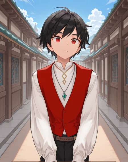 masterpiece, amazing quality, best quality, absurdres, very aesthetic,
1boy, solo, yaoi, male focus, cowboy shot, upper body, looking at viewer, face focus,
<lora:Solace_Teenage_ilxl:1> solaceteen, red eyes, black hair, short hair,
long sleeves, black pants, white shirt, brown belt, red vest,
jewelry, necklace, pendant, gem,
outdoors, day, blue sky,