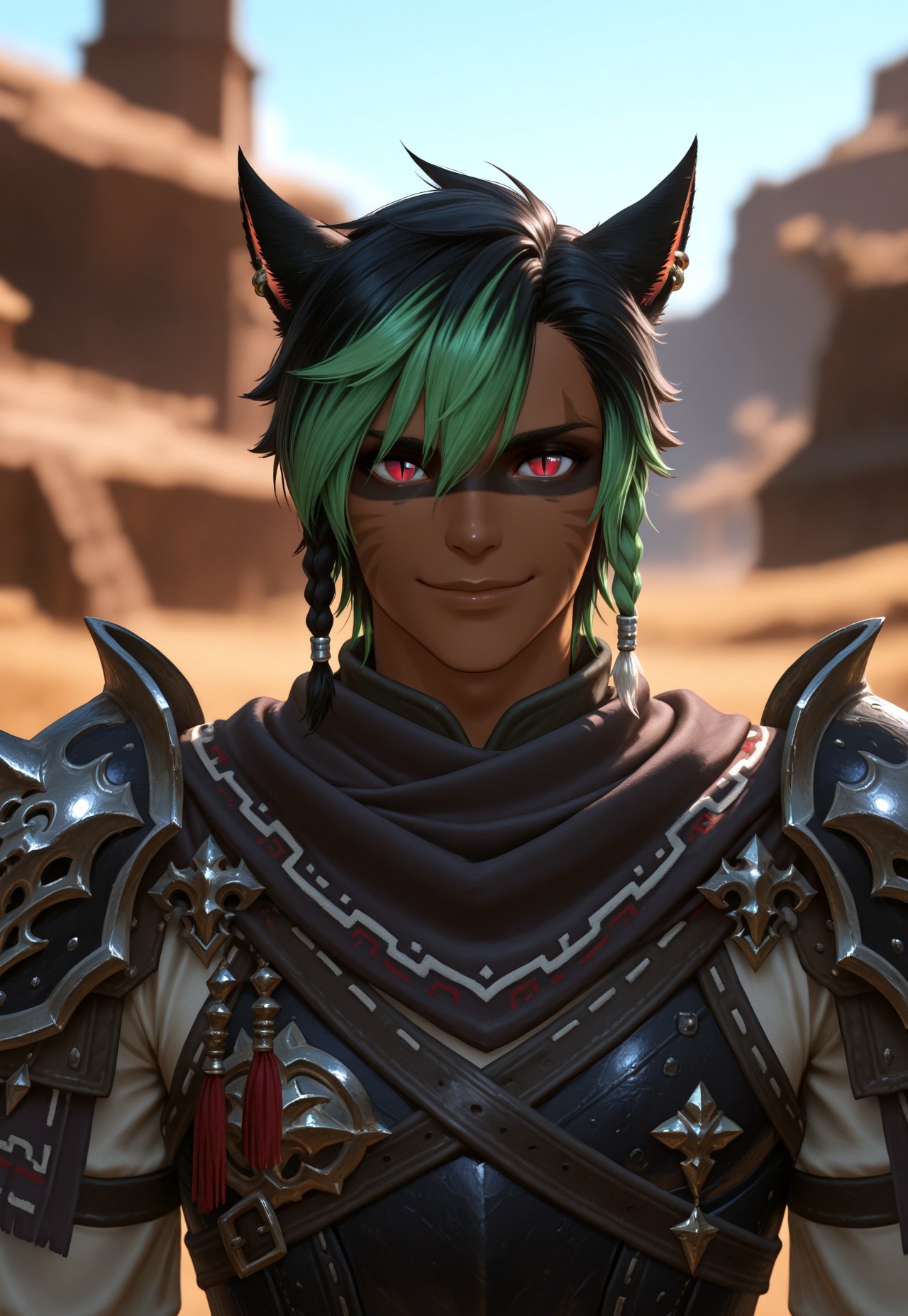masterpiece, very aesthetic, KrhisT1A, blurry background, animal ears, miqo'te, solo, depth of field, cat ears, green hair, multicolored hair, smile, looking at viewer, 1boy, jewelry, dark skin, earrings, facial mark, shoulder armor, two-tone hair, male focus, upper body, slit pupils, short hair, pauldrons, braid, armor, black hair, red eyes, outdoors, scarf, facepaint