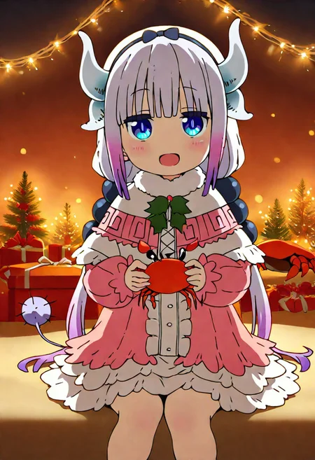 Masterpiece, (Best quality:1.2), (scenary:1.2), dynamic light,, Christmas, sand,, Animal Christmas, masterpiece, best quality, ((holding a Crab)), (orange medium Crab), mini gift box,, kawaii style, sitting,, dragon_horns, Kanna_Kamui, curious expression, smile, :D , looking at viewer, perfect eyes, blue_eyes,, pink_hair, low_twintails, long_hair,, tail, frilled_capelet, frilled_dress, pink_dress, puffy_long_sleeves,, holly berries, pine garlands, snowfall, warm light, sparkling lights,,