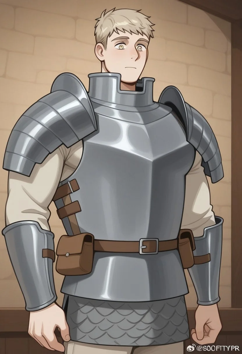 laios touden, brown hair, brown eyes, bara, muscular male, large pectorals, armor, s0fthyp3r.