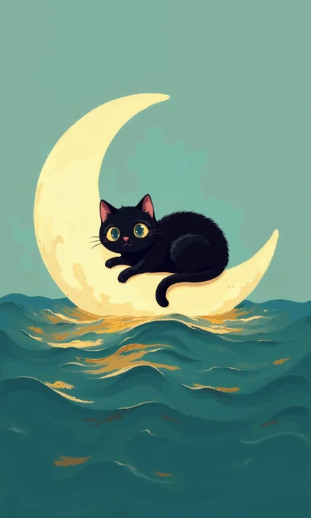A stylized illustration of a black cat resting on a crescent moon above a body of water. 
The moon is a pale, yellowish-cream color, and the crescent shape is distinct. 
The cat is black with large, round, expressive eyes, and small, pinkish ears. It's positioned on the moon, facing slightly to the right. 
The water below the moon is a deep teal/blue color, with gentle waves that show some variation in shade, creating a sense of depth. Golden-yellow highlights streak across the water, giving a sense of sunlight reflecting.
The sky above the water and moon is a soft, teal-blue color, blending smoothly into the water. 
The overall style is cute and whimsical, with soft colors and a focus on the interaction between the cat, the moon, and the sea surface. The art style suggests a digital painting or illustration.
<lora:FLUX-daubrez-DB4RZ-v2:1> DB4RZ, DB4RZ style painting