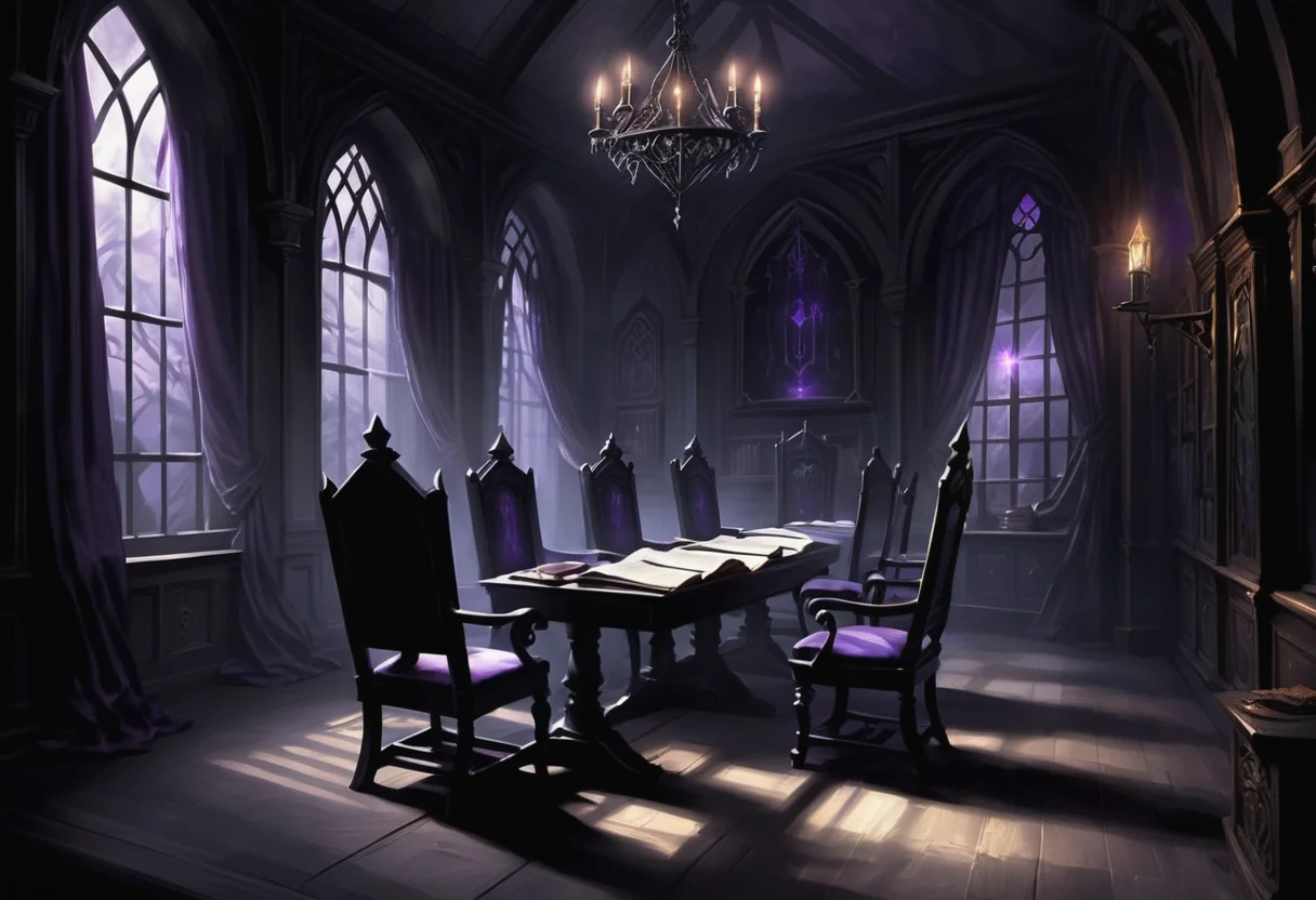 magic academy, glimmer of shadows shadow magic study, silence chairs,darkness drapes, silence cloaks,twilight mirrors, darkness generators,shadow amplifiers, gloom wardens, gloom wardens, , magical, fantasy