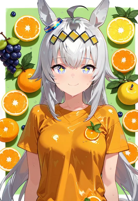 ,source_anime,anime coloring, masterpiece,best quality,amazing quality,1girl,solo,
sweat,shiny skin, Shiny clothes,
Multiple Object Background,
1girl, solo, fruit, food, orange (fruit), kiwi (fruit), grapes, blueberry, lemon, orange slice
(masterpiece:1.3), best quality, high resolution, unity 8k wallpaper, (illustration:1.2), 8K,
Upper Body,+ +,t-shirt,happy,
Oguri Cap\(Umamusume\),horse tail,(horse ears:1.3),