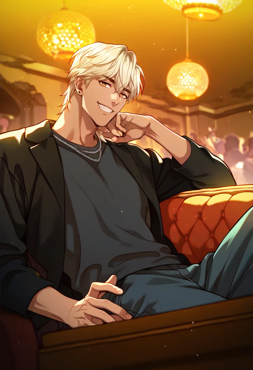 1boy, male focus, solo,
<lora:Character - Questism - JaehaHanPony-40:1> jaehahan, blonde hair, brown eyes, necklace, stud earrings, dark-skinned male,
,((zPDXL)), score_9_up, score_8_up, score_7_up, score_6_up, score_5_up, score_4_up, best quality, amazing quality, best aesthetic, amazing aesthetic, absurdres, year2023, uncensored, very nsfw, official art, official style, depth of field, detailed eye,
night, indoors, black shirt, jacket, ruins, couch, on couch, hands behind couch, nightclub, crowd, pants, (Nightclub:1.3), evil grin, disco ball,
<lora:Style - Expressive_H-000001:1> expressiveh