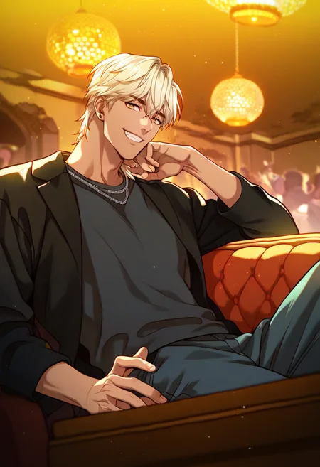 1boy, male focus, solo,
<lora:Character - Questism - JaehaHanPony-40:1> jaehahan, blonde hair, brown eyes, necklace, stud earrings, dark-skinned male,
,((zPDXL)), score_9_up, score_8_up, score_7_up, score_6_up, score_5_up, score_4_up, best quality, amazing quality, best aesthetic, amazing aesthetic, absurdres, year2023, uncensored, very nsfw, official art, official style, depth of field, detailed eye,
night, indoors, black shirt, jacket, ruins, couch, on couch, hands behind couch, nightclub, crowd, pants, (Nightclub:1.3), evil grin, disco ball,
<lora:Style - Expressive_H-000001:1> expressiveh