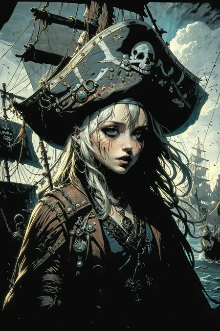 (masterpiece:1), (best quality:1), high contrast, strong shadows, outlines, <lora:graphicNovelStyle_v10:0.2>, <lora:realistic:0.3>, <lora:sharpen-soften:-0.3>,
<lora:GoodHands-beta2:0.8>,
1 girl, adult italian woman, freckles, jade eyes, white sleek hair,
Style-GravityMagic, focus on character, portrait, looking away, solo, upper body, detailed background, (<lora:CulturePunkBundle-000007:0.3>, piratepunkai, pirate theme:1.1), cursed pirate, realistic skin, rich pirate captain outfit, tricorn hat, cursed amulet, walking, sypglass, high seas, wooden deck of a ship, black sails, explosions, flintlock pistol, pirate battle, maelstrom, raining, loot, sunrise, fantasy atmosphere,