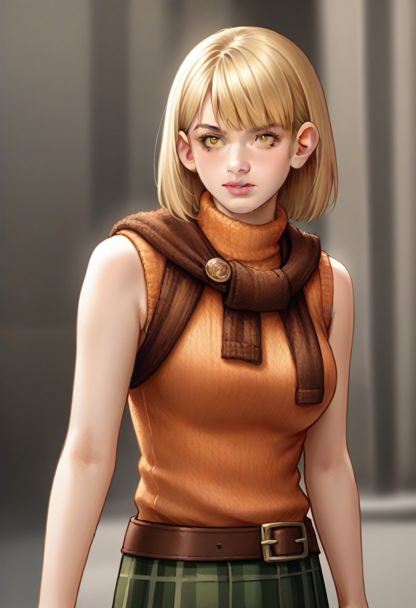 <lora:ashleygraham:0.9>, ashleygraham, photorealism, 1girl,solo,blonde hair,bob cut,bangs, golden eyes,orange turtleneck,sleeveless,brown sweater over shoulder,,green plaid skirt,brown belt, ,,,