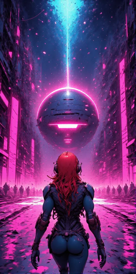 neonpunk, abstract energy surge, beautiful caucasian redhead cyborg girl watching falling stars, stars fall from the sky at the end of the world, <lora:CPA:1> <lora:BLUE_mk4_angel_FLUX_01:1.4> <lora:ck-Neon-Retrowave:1> <lora:Flux_Ultimator:1>