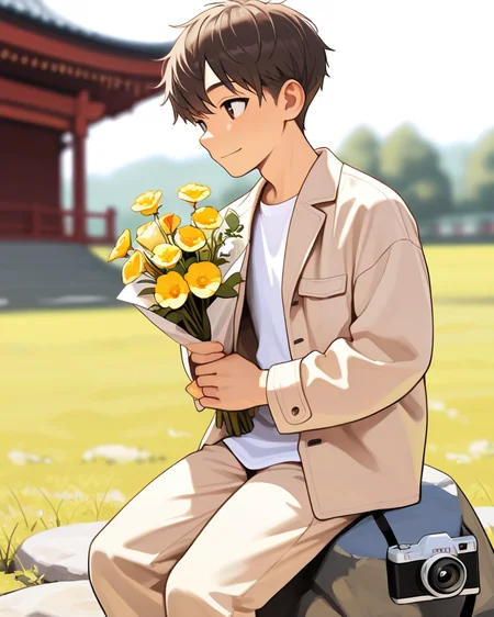 masterpiece, best quality, amazing quality, 1boy, solo, masterpiece, best quality, young man sitting on a rock, relaxed posture, casual outfit (beige jacket, white t-shirt, beige trousers), short dark hair, holding a small bouquet of flowers, slight smile, looking at the camera, outdoor setting, blurred background with architecture, candid lifestyle photography, shallow depth of field, bright and even lighting, sunny day, volumetric lighting, breeze style
<lora:Bree_Style_Hv2:0.6>