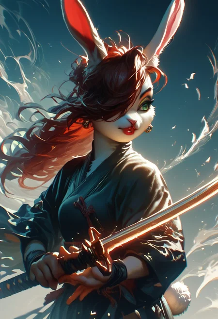 score_9, score_8_up, score_7_up, hkwarrior, Inkblast, A warrior holding a sword, realistic,1girl, red hair, long hair, hair over one eye, green eyes, lipstick, makeup, earrings,furry, solo, Cotton-Tail, rabbit, cub, rabbit tail, long rabbit ears