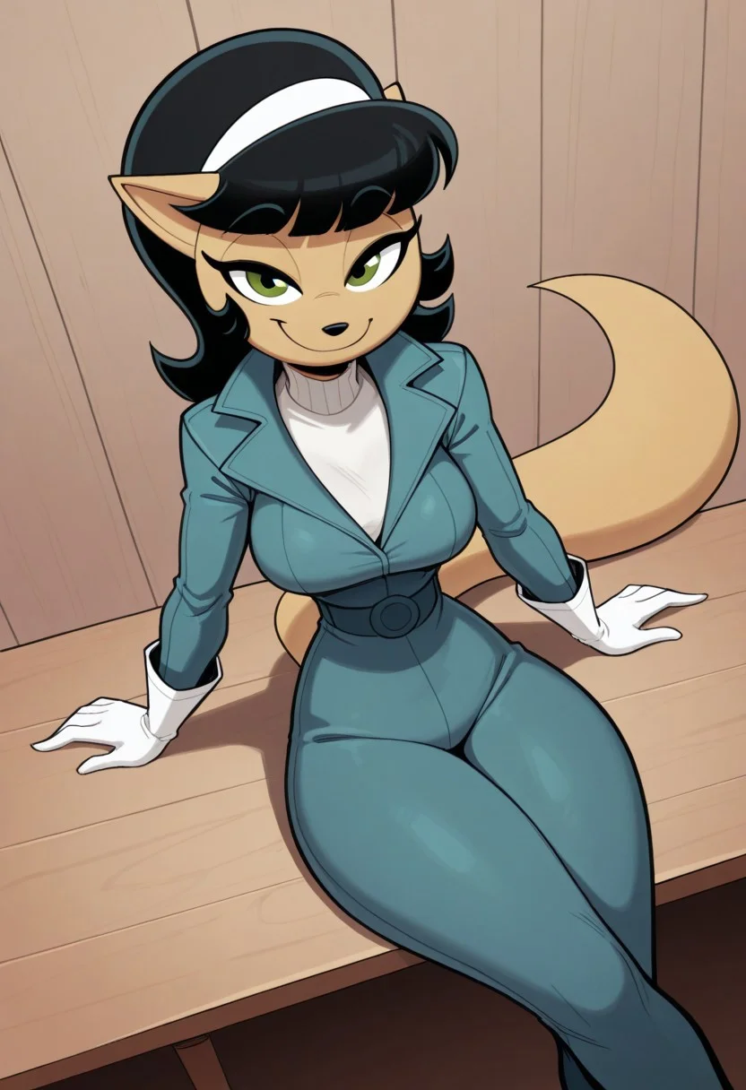 masterpiece, best quality, absurdres, highres, high quality, highly detailed
dynamic angle, foreshortening, 1girl, solo, standing, facing viewer, smiling, portrait, upper body,
kittykatswell, masterpiece, best quality, newest, absurdres, highres, 1girl, solo, furry, furry female, anthro, kitty katswell, anthro, furry, furry female, green eyes, black hair, bangs, animal ears, tail, hairband, tan body, tan fur, jacket, white shirt, turtleneck, pants, belt, bodysuit, white gloves, sitting, legs crossed, busty breasts, eyes half closed, eyelashes, looking at viewer, seductive smile, dynamic angle, foreshortening,